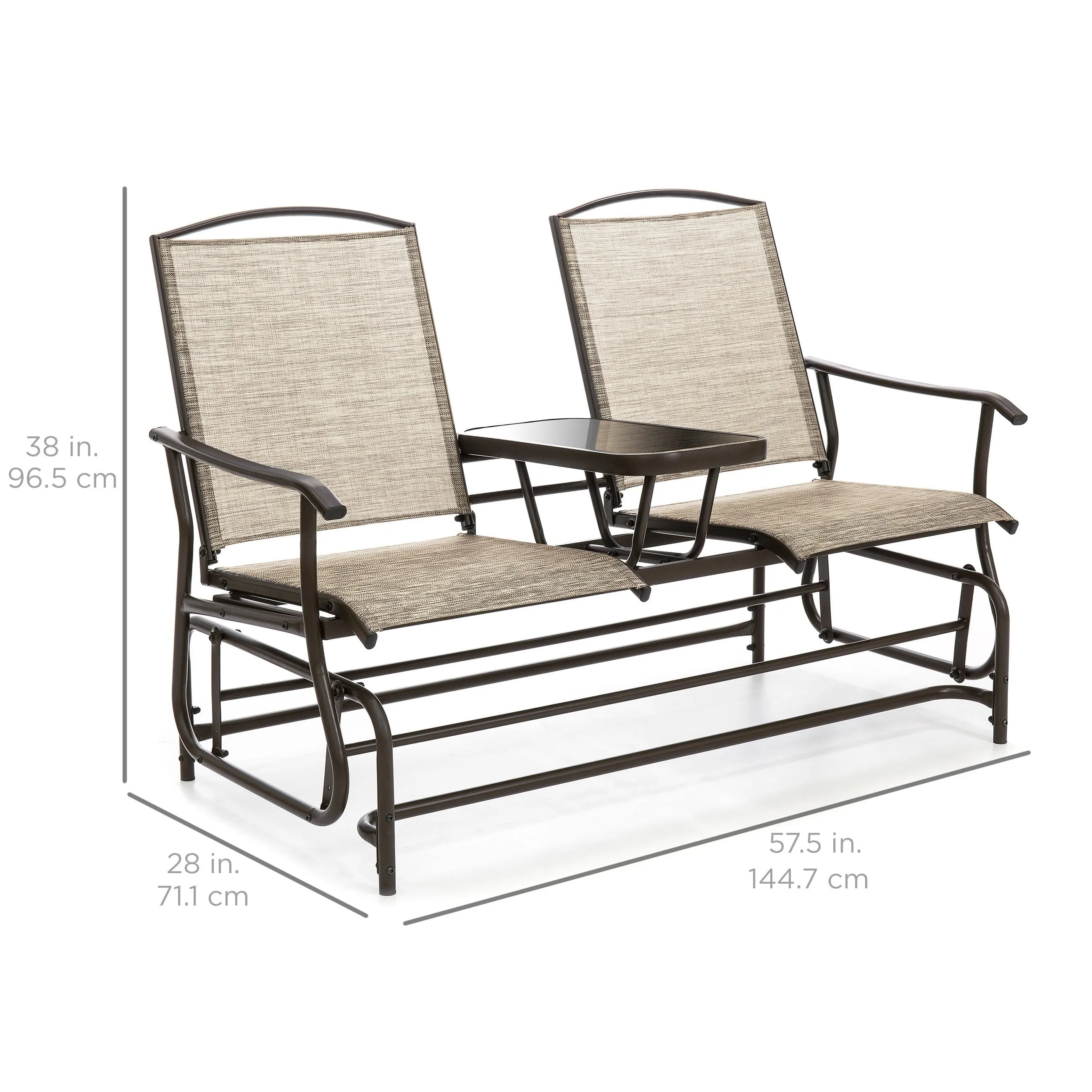 2-Person Outdoor Mesh Double Glider w/ Tempered Glass Attached Table