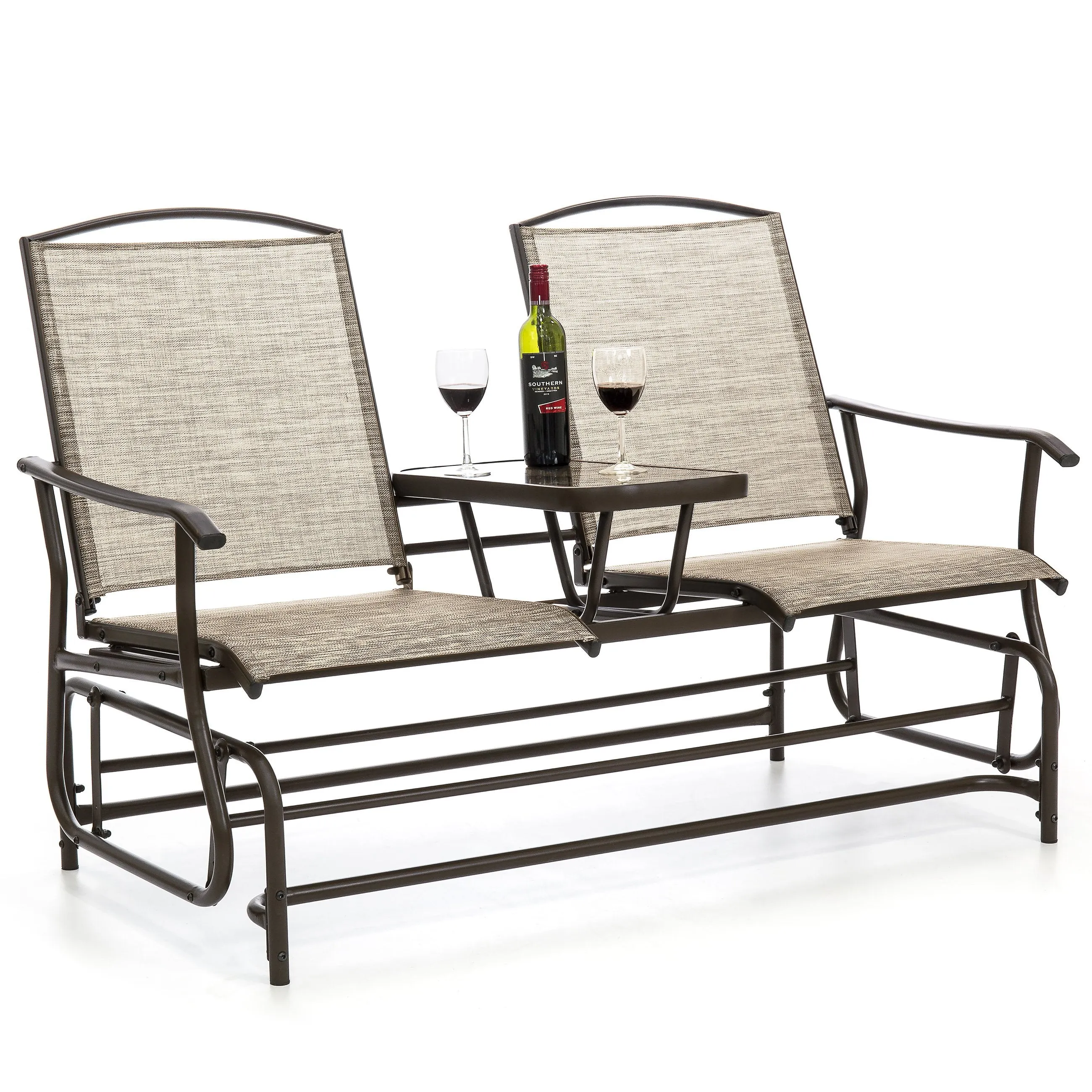 2-Person Outdoor Mesh Double Glider w/ Tempered Glass Attached Table