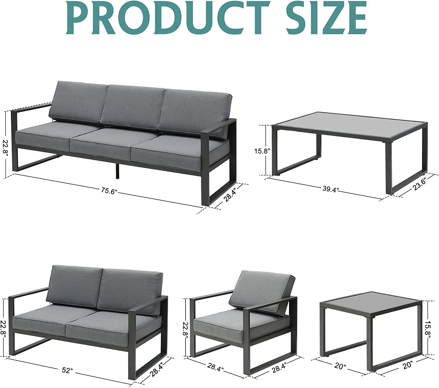 3-Seat Aluminum Patio Furniture Sofa, All-Weather Modern Metal Outdoor Couch