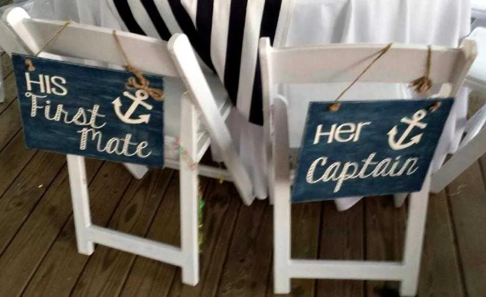 Beach Wedding Signs - Nautical Anchor "Her Captain"/"His First Mate" Painted Wood and Vinyl Hanging Sign Set