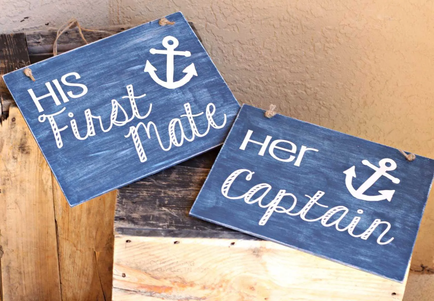 Beach Wedding Signs - Nautical Anchor "Her Captain"/"His First Mate" Painted Wood and Vinyl Hanging Sign Set