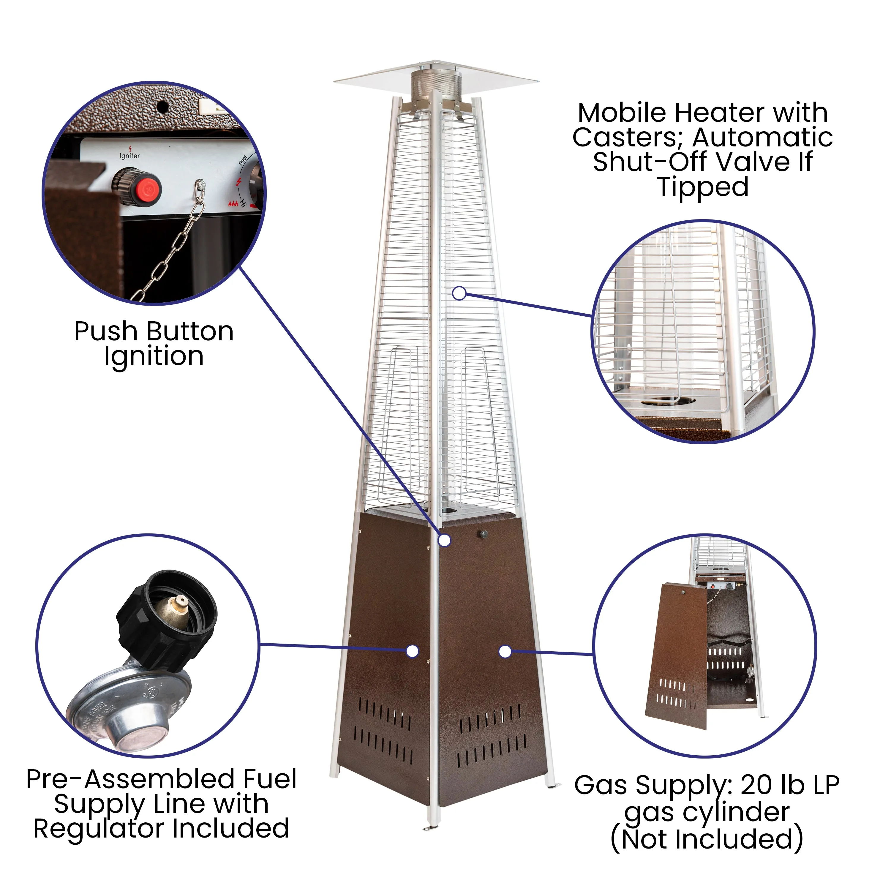 Blaise Stainless Steel Outdoor Pyramid Propane Patio Heater with Wheels - 42,000 BTU