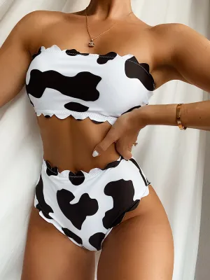 Cow Print High Waist Bandeau Tankini Swimwear