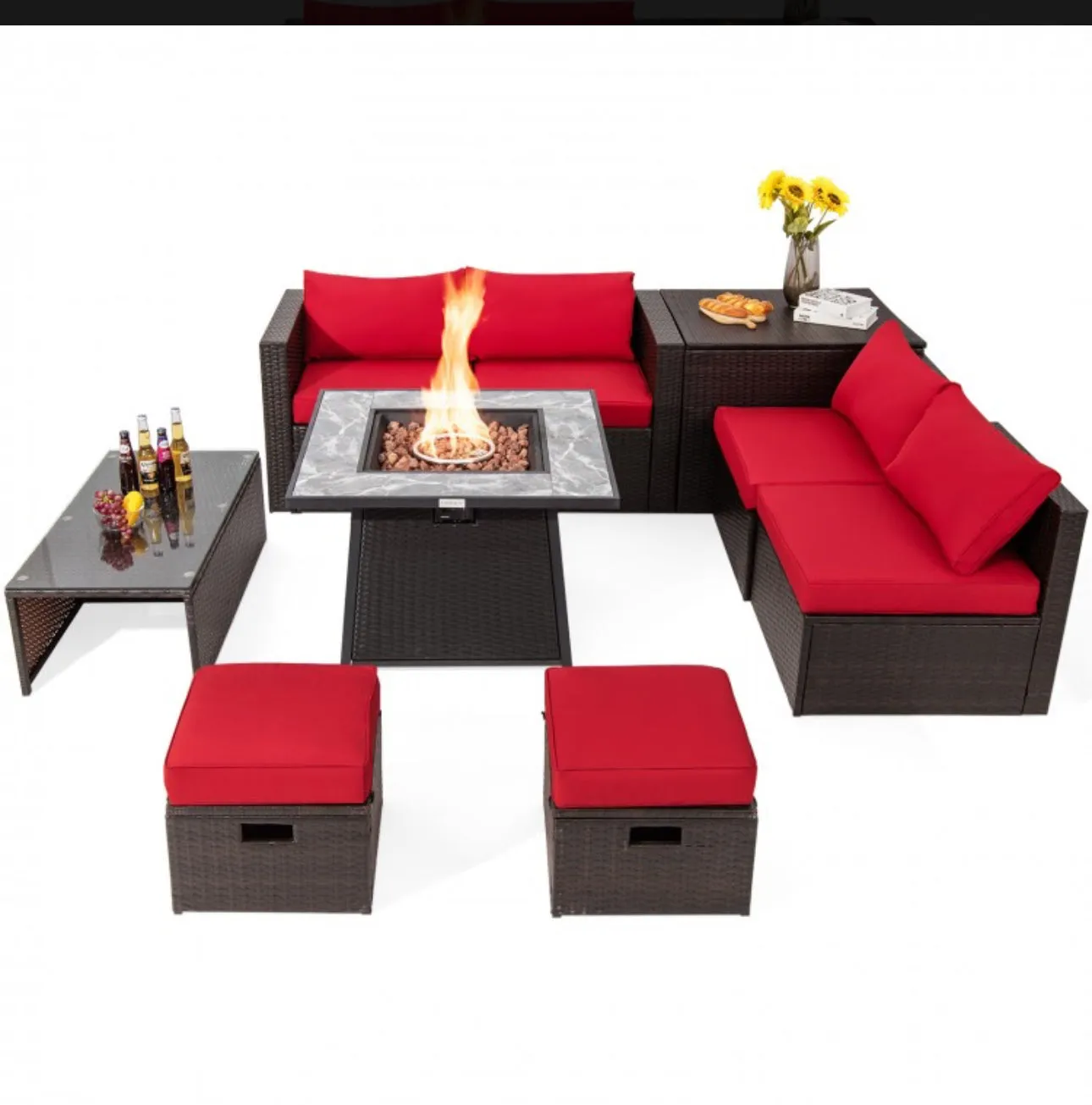 Elegant 9 Pieces Patio PE Wicker Patio Furniture Sectional Set | 50,000 BTU Fire Pit Table | 6 Colours | Storage | Cover | Very Comfortable