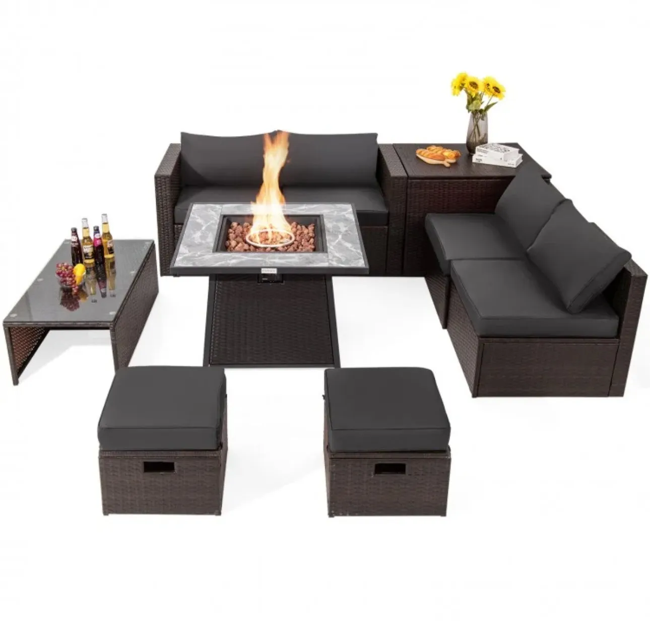 Elegant 9 Pieces Patio PE Wicker Patio Furniture Sectional Set | 50,000 BTU Fire Pit Table | 6 Colours | Storage | Cover | Very Comfortable