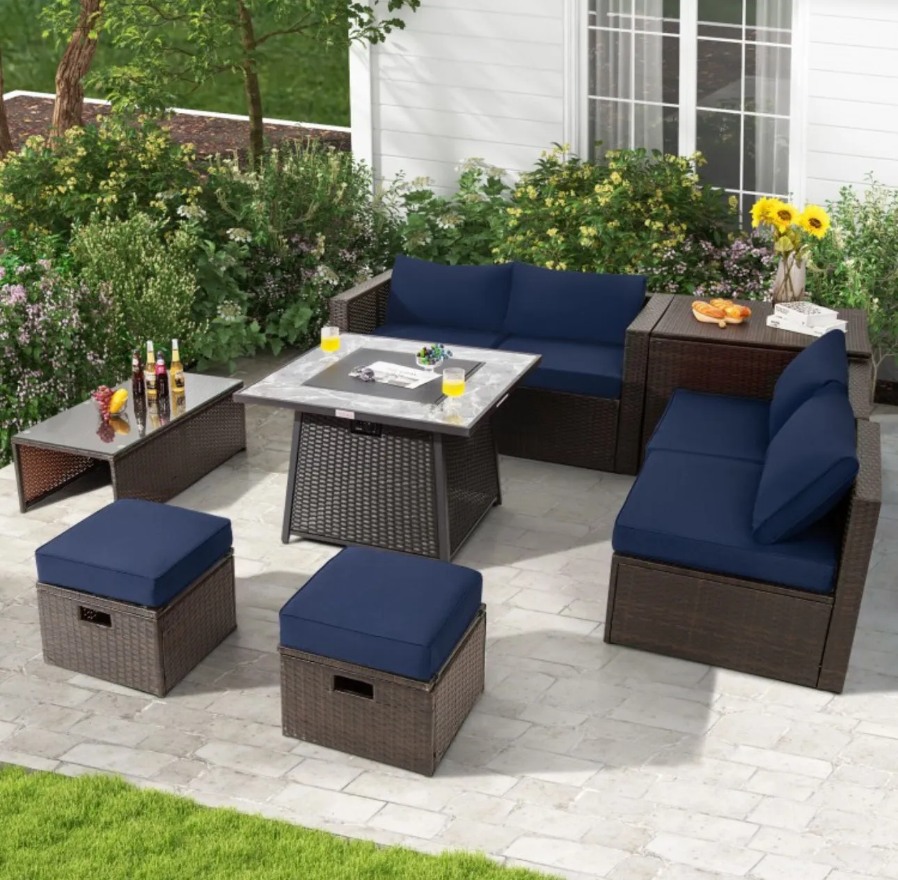 Elegant 9 Pieces Patio PE Wicker Patio Furniture Sectional Set | 50,000 BTU Fire Pit Table | 6 Colours | Storage | Cover | Very Comfortable