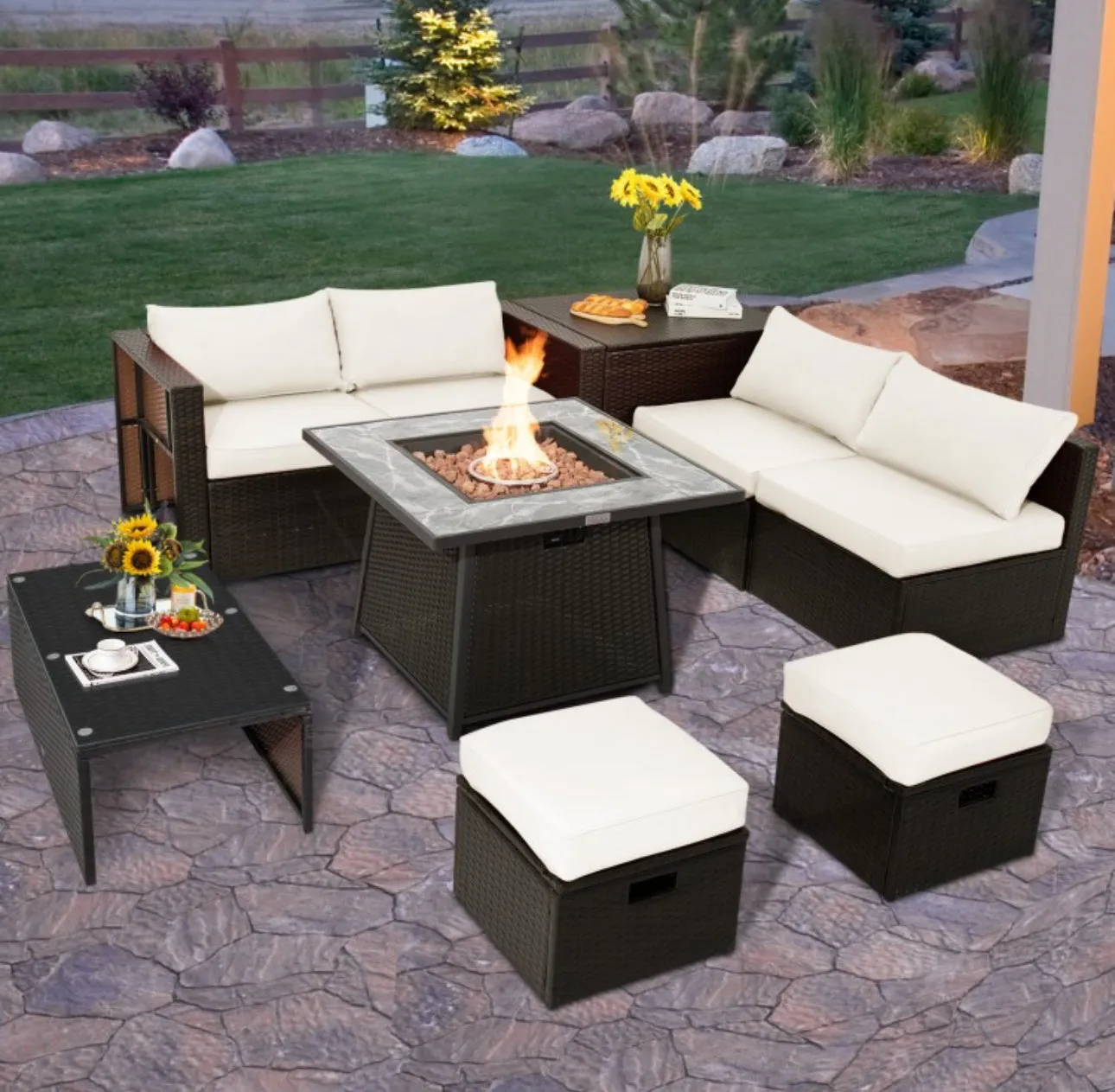 Elegant 9 Pieces Patio PE Wicker Patio Furniture Sectional Set | 50,000 BTU Fire Pit Table | 6 Colours | Storage | Cover | Very Comfortable