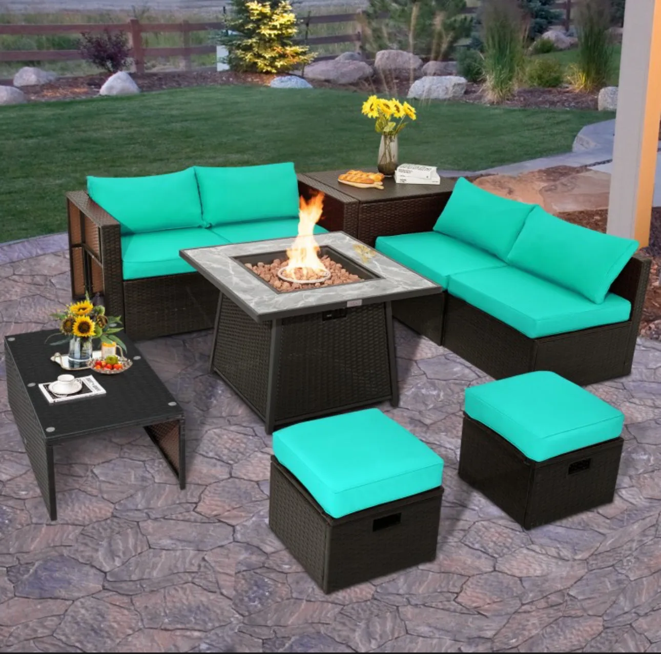 Elegant 9 Pieces Patio PE Wicker Patio Furniture Sectional Set | 50,000 BTU Fire Pit Table | 6 Colours | Storage | Cover | Very Comfortable