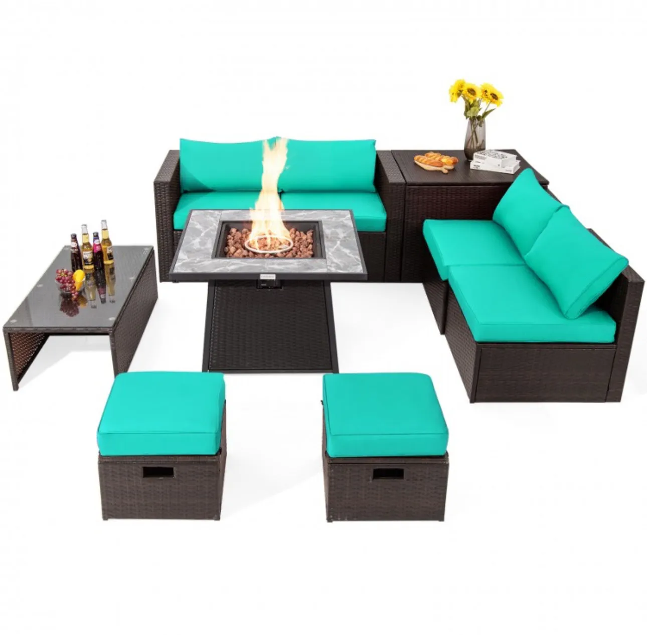 Elegant 9 Pieces Patio PE Wicker Patio Furniture Sectional Set | 50,000 BTU Fire Pit Table | 6 Colours | Storage | Cover | Very Comfortable