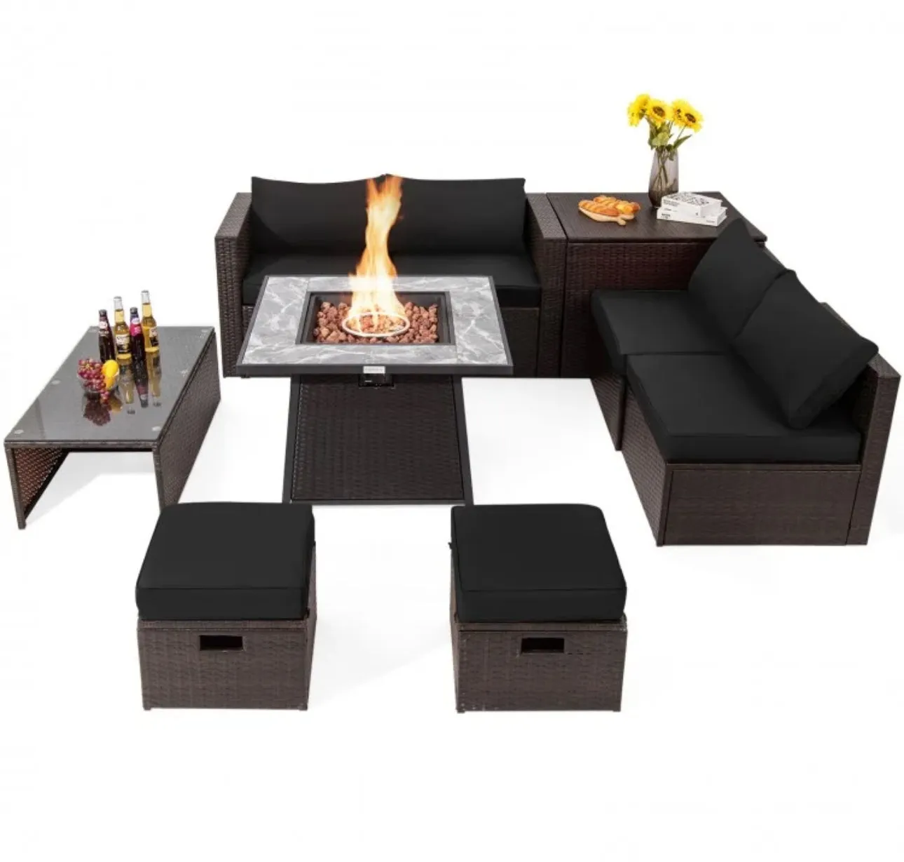 Elegant 9 Pieces Patio PE Wicker Patio Furniture Sectional Set | 50,000 BTU Fire Pit Table | 6 Colours | Storage | Cover | Very Comfortable