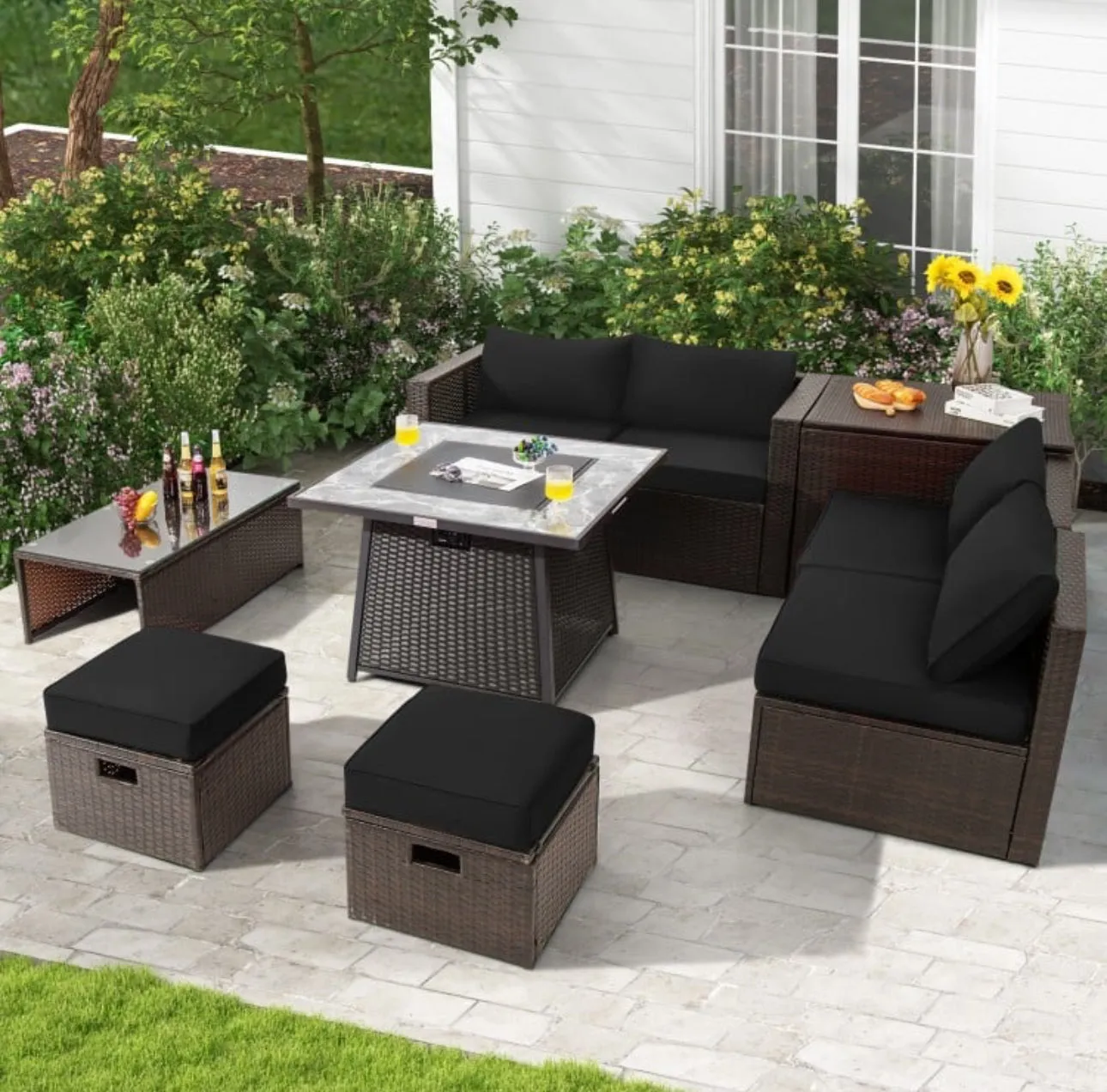 Elegant 9 Pieces Patio PE Wicker Patio Furniture Sectional Set | 50,000 BTU Fire Pit Table | 6 Colours | Storage | Cover | Very Comfortable