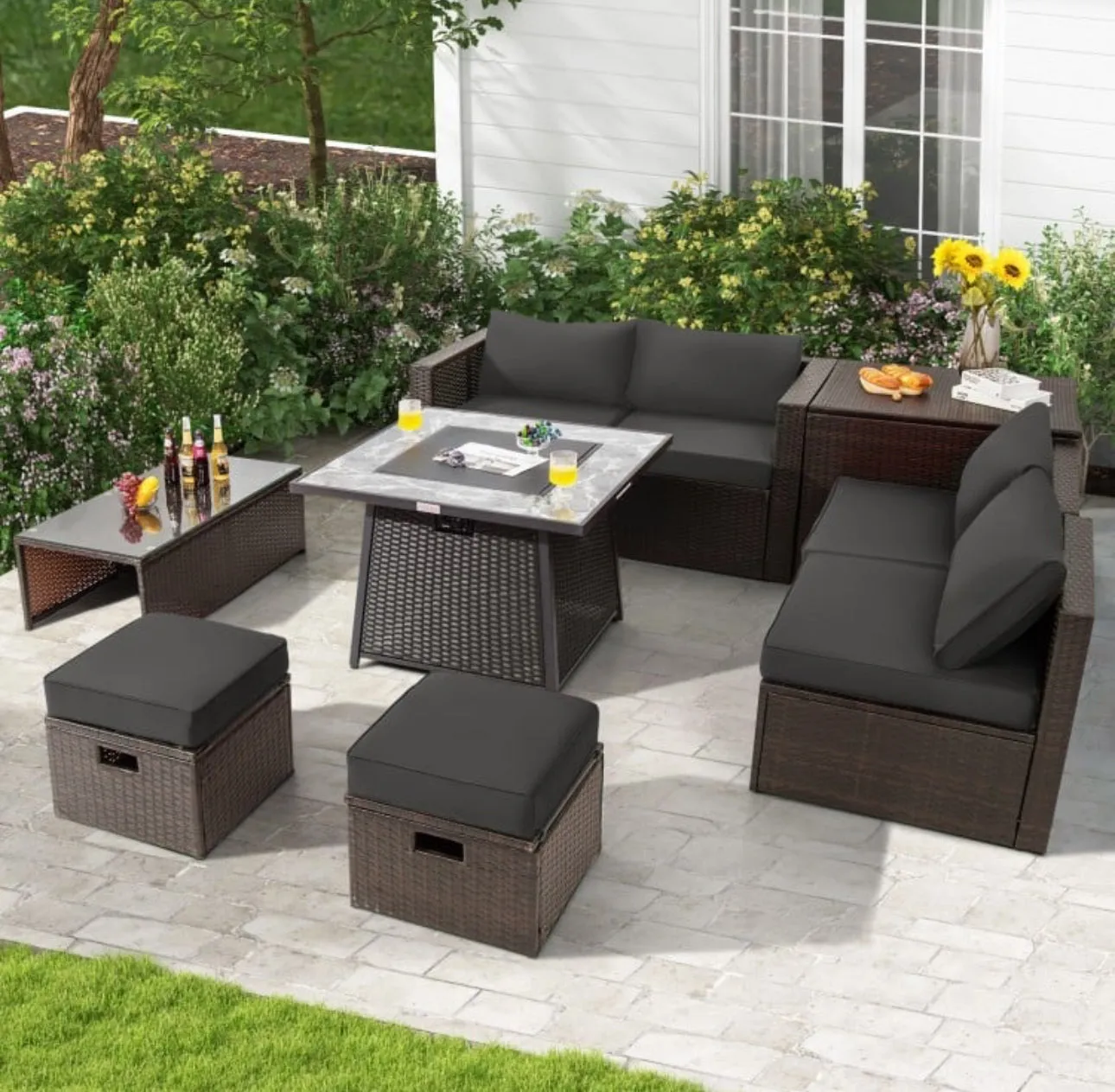 Elegant 9 Pieces Patio PE Wicker Patio Furniture Sectional Set | 50,000 BTU Fire Pit Table | 6 Colours | Storage | Cover | Very Comfortable