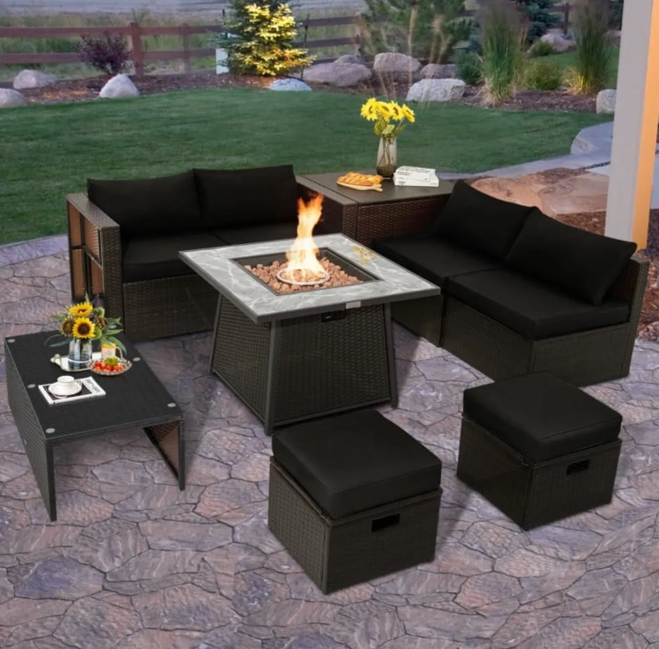 Elegant 9 Pieces Patio PE Wicker Patio Furniture Sectional Set | 50,000 BTU Fire Pit Table | 6 Colours | Storage | Cover | Very Comfortable