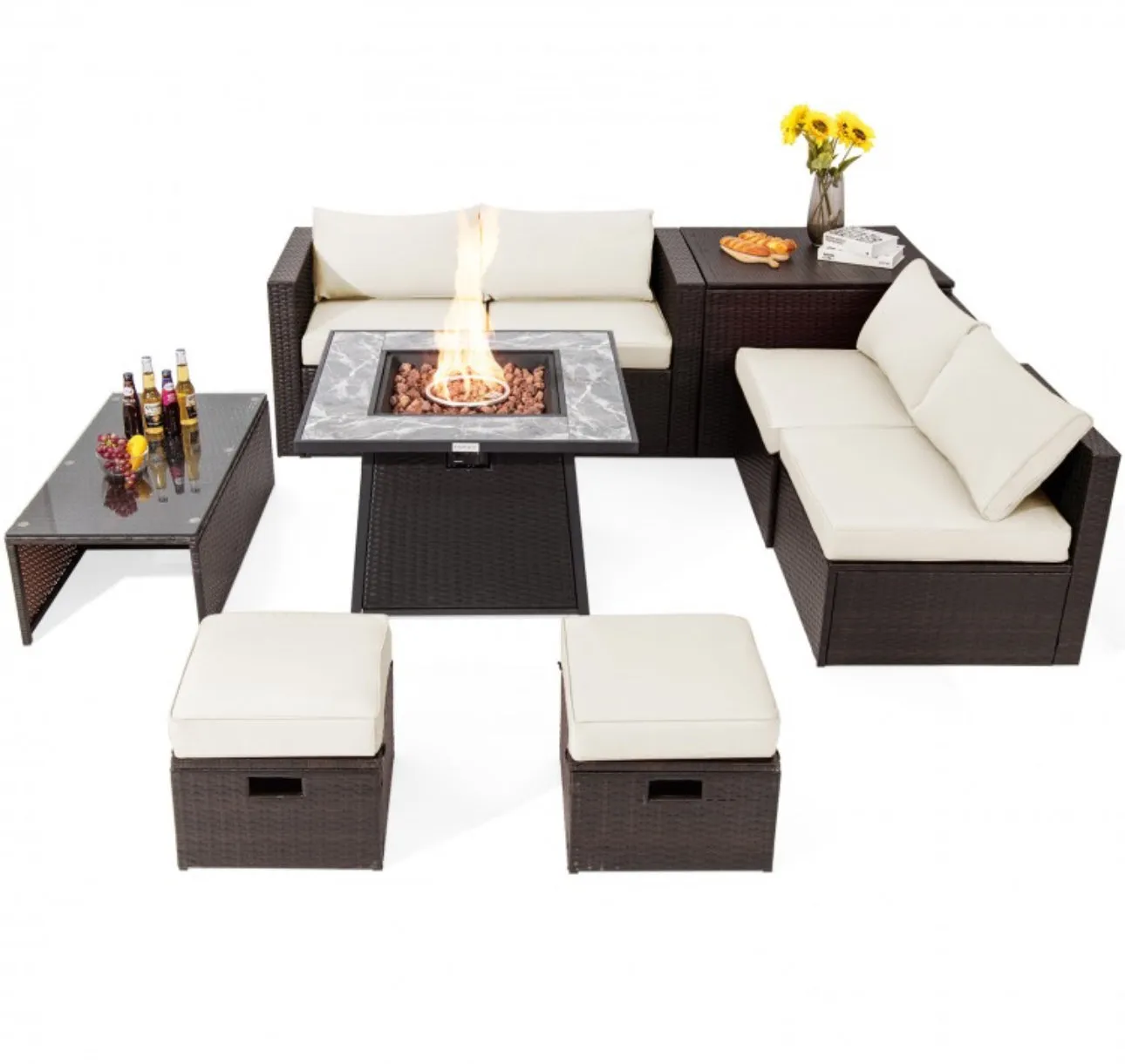 Elegant 9 Pieces Patio PE Wicker Patio Furniture Sectional Set | 50,000 BTU Fire Pit Table | 6 Colours | Storage | Cover | Very Comfortable