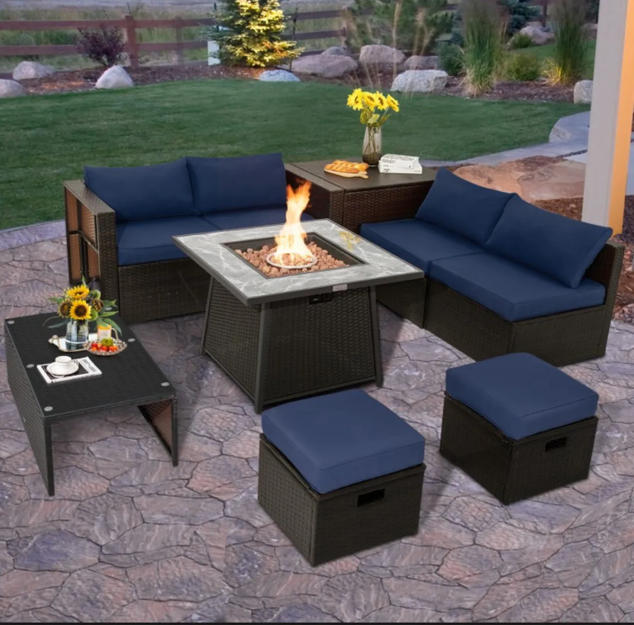 Elegant 9 Pieces Patio PE Wicker Patio Furniture Sectional Set | 50,000 BTU Fire Pit Table | 6 Colours | Storage | Cover | Very Comfortable