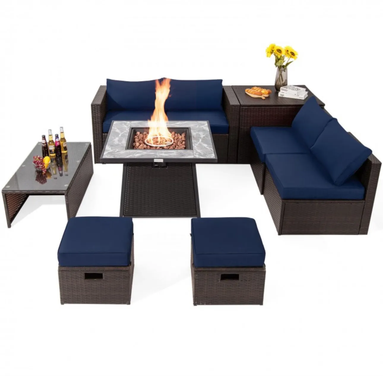 Elegant 9 Pieces Patio PE Wicker Patio Furniture Sectional Set | 50,000 BTU Fire Pit Table | 6 Colours | Storage | Cover | Very Comfortable