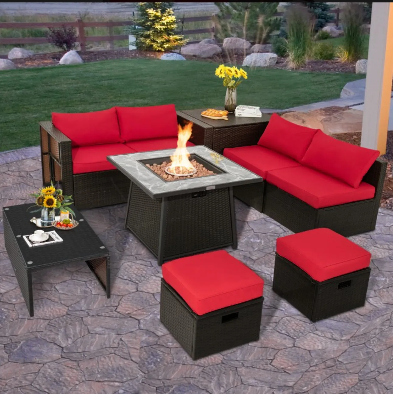 Elegant 9 Pieces Patio PE Wicker Patio Furniture Sectional Set | 50,000 BTU Fire Pit Table | 6 Colours | Storage | Cover | Very Comfortable