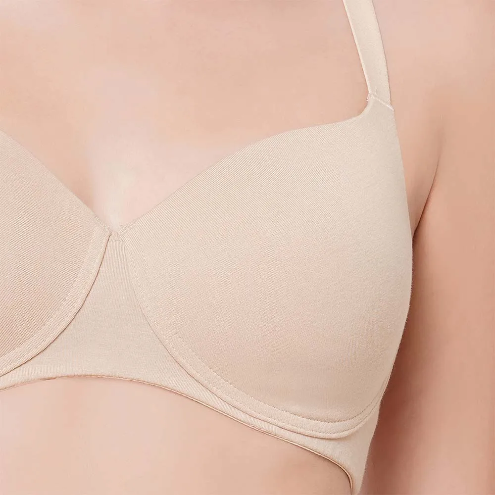 Essentials Padded Non-wired 3/4th Cup Everyday Wear Cotton Blend T-Shirt Bra - Beige