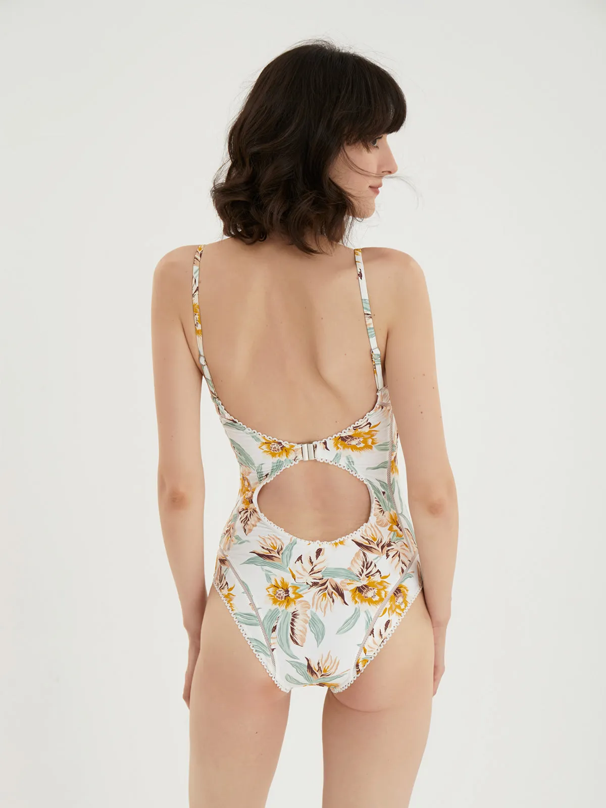 Floral One Piece Swimsuit with Thin Straps and Back Cutouts