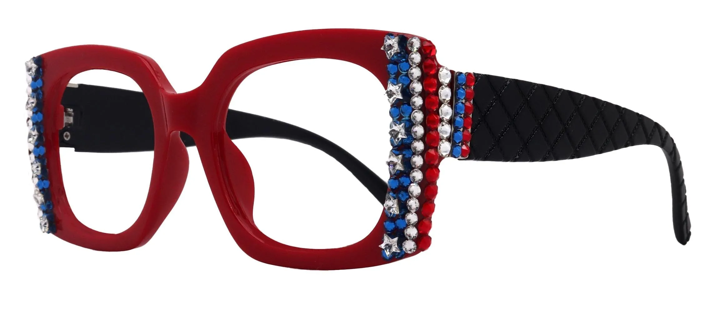 Freedom Shine, Bling Women’s Reading Glasses with Genuine European Crystals (Black), US Flag Colors, Square Frame, NY Fifth Avenue