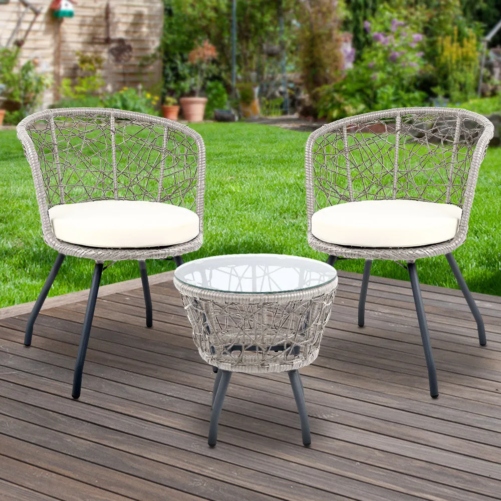 Gardeon 3-Piece Grey Rattan Bistro Set – Outdoor Patio Furniture with Cushioned Chairs and Table