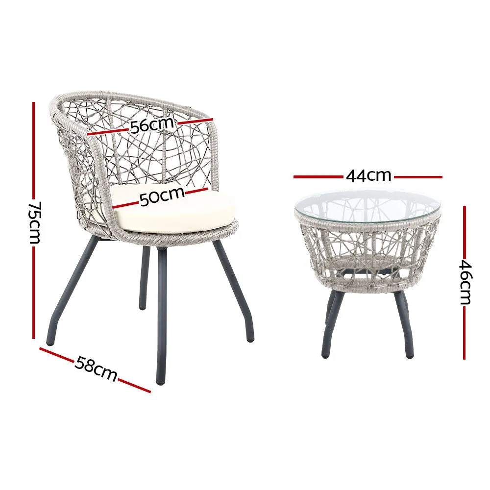 Gardeon 3-Piece Grey Rattan Bistro Set – Outdoor Patio Furniture with Cushioned Chairs and Table