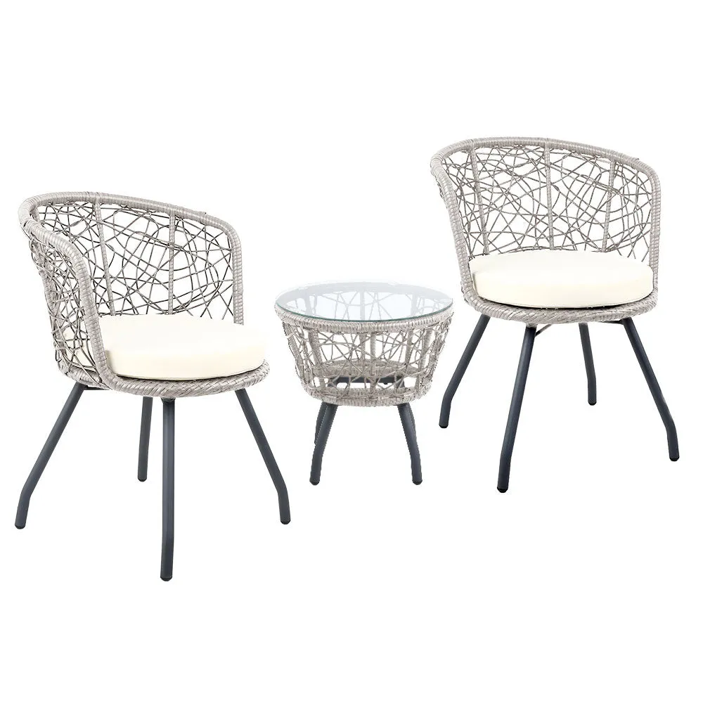 Gardeon 3-Piece Grey Rattan Bistro Set – Outdoor Patio Furniture with Cushioned Chairs and Table