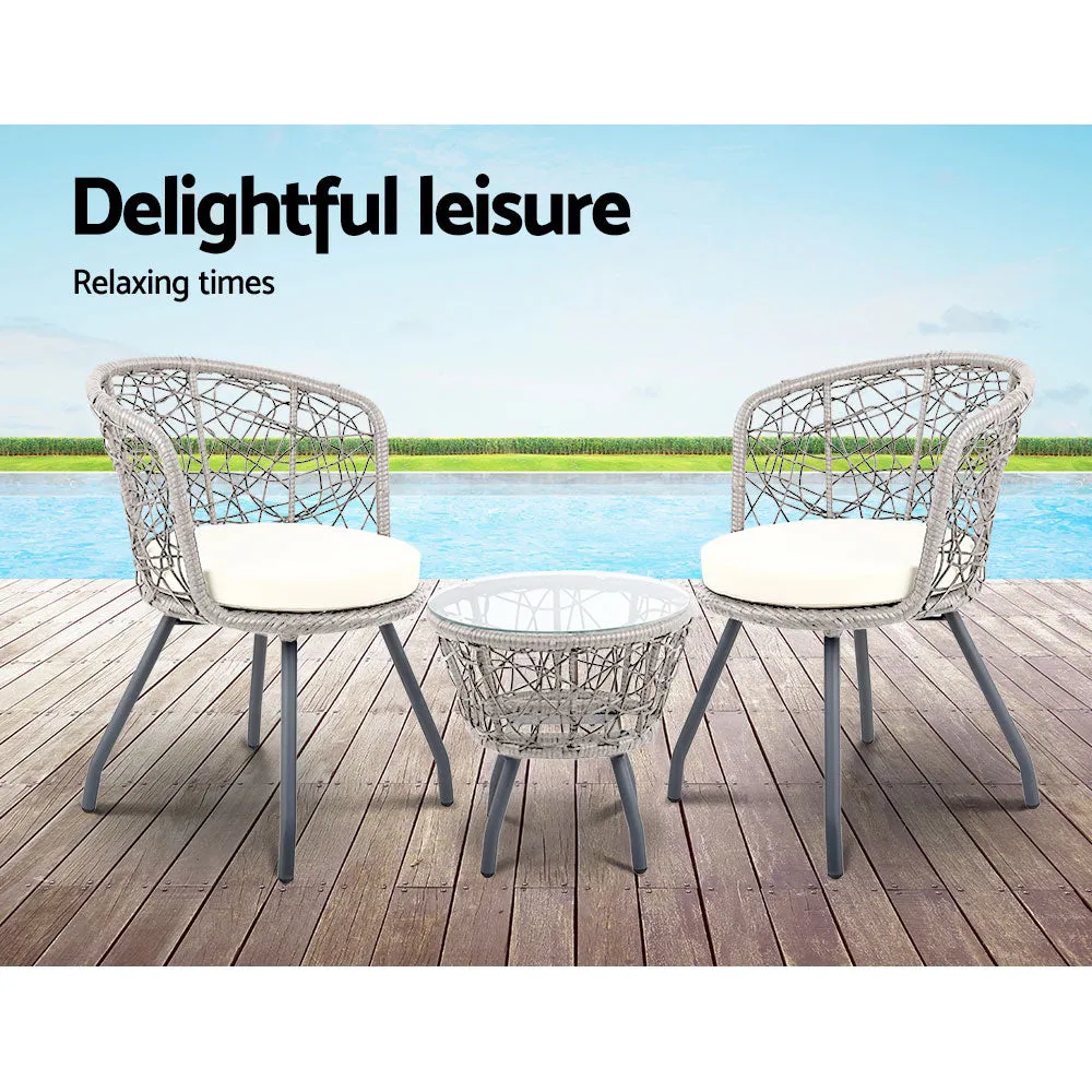 Gardeon 3-Piece Grey Rattan Bistro Set – Outdoor Patio Furniture with Cushioned Chairs and Table