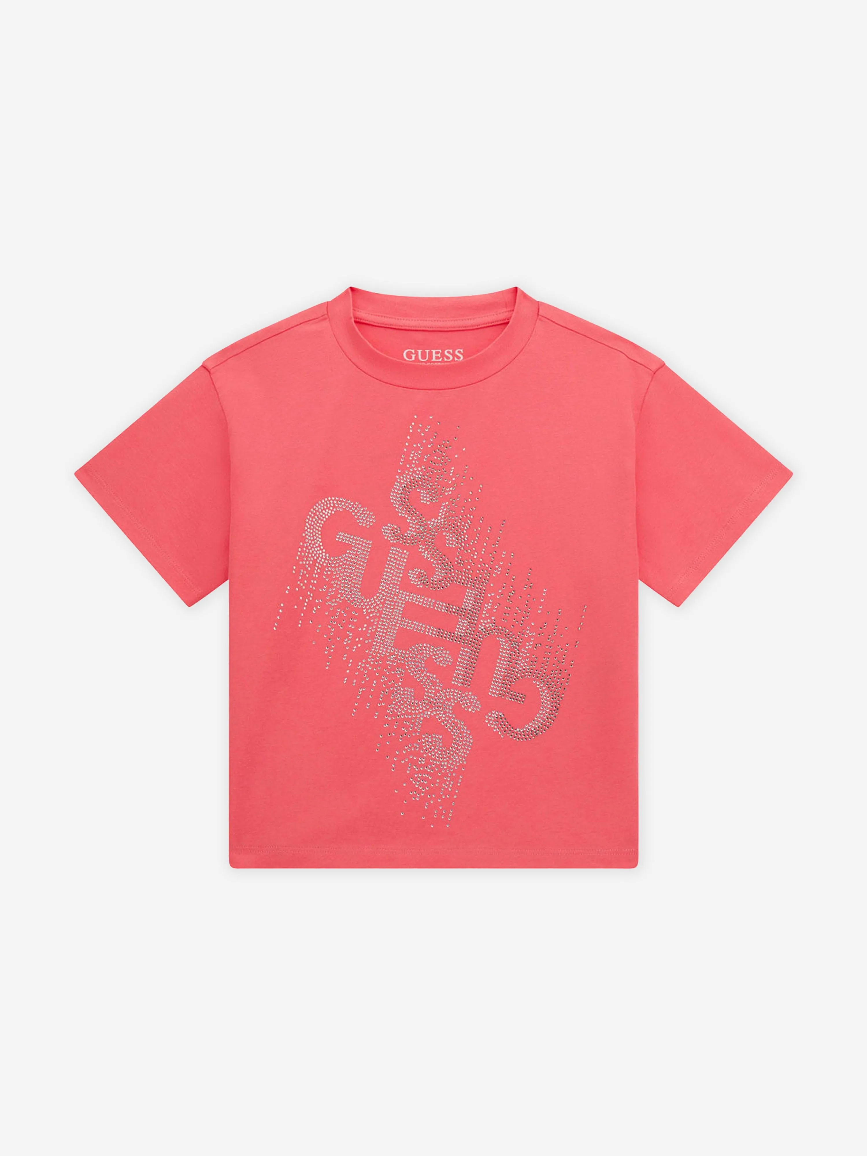 Guess Girls Diamante Logo T-Shirt in Pink