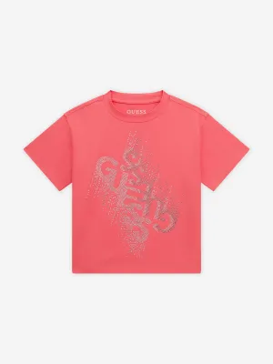 Guess Girls Diamante Logo T-Shirt in Pink