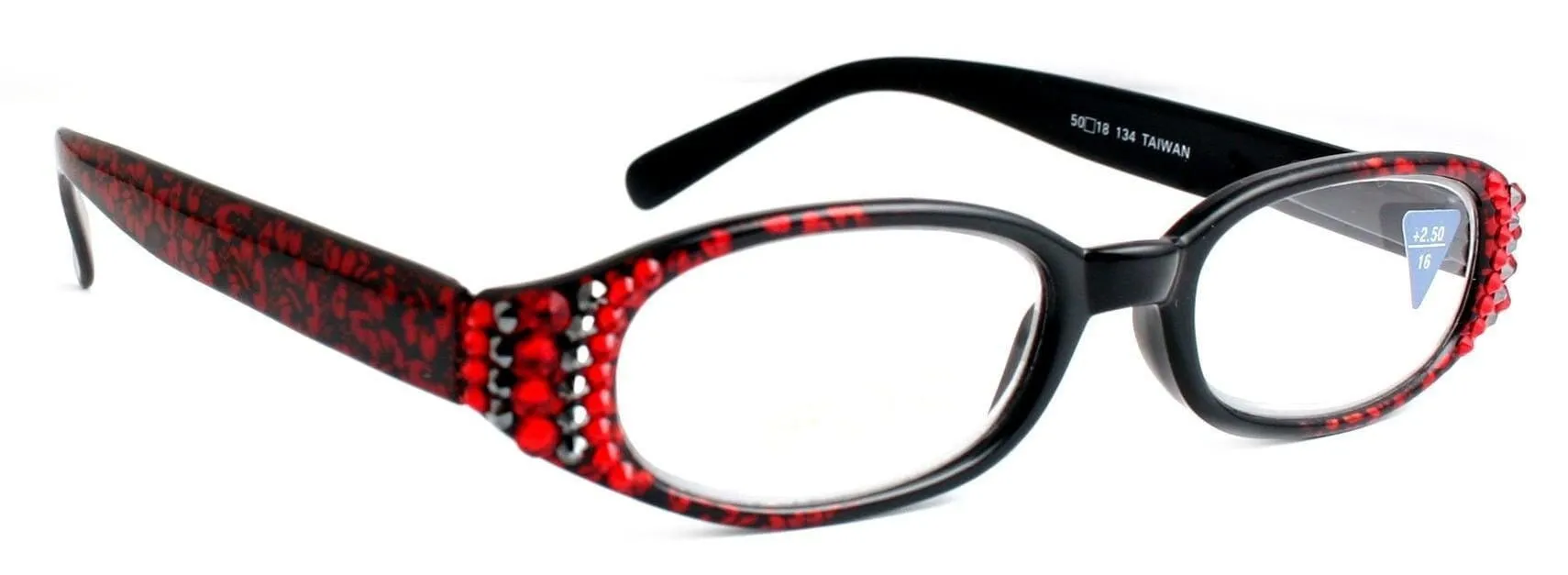 Isabella, (Bling) Reading Glasses Women W (L. Siam, Hematite) Genuine European Crystals (Red Floral Print)  NY Fifth Avenue (Wide Frame)