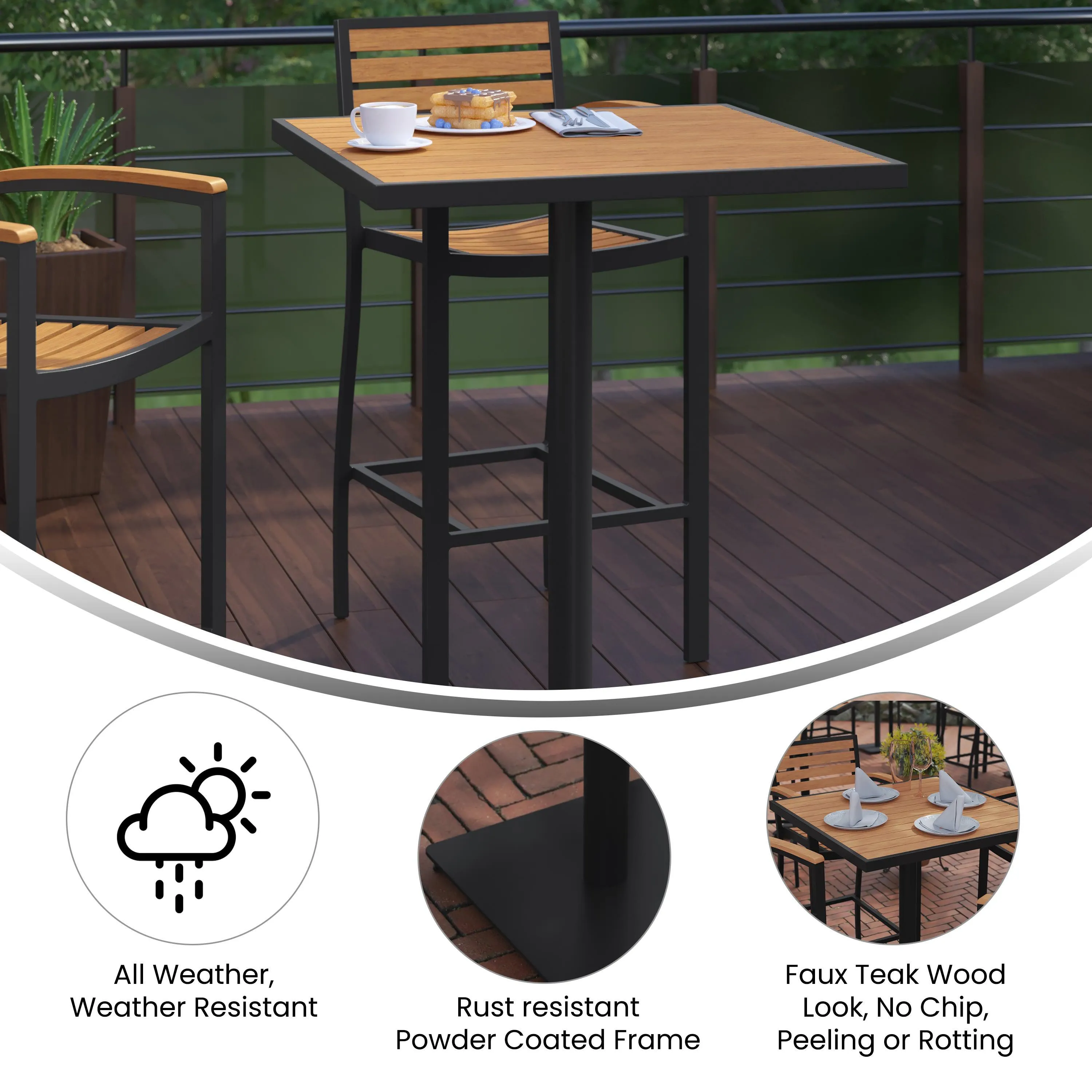 Lark Commercial Grade 32" Square Outdoor Bar Height Table with Poly Resin Slats