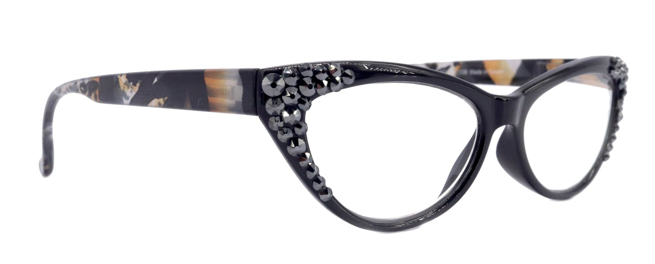 Lynx, (Bling) Cat Eyes, Women Reading Glasses Adorned W (Hematite) Genuine European Crystals (Tiger Brown, Black) Frame, NY Fifth Avenue.