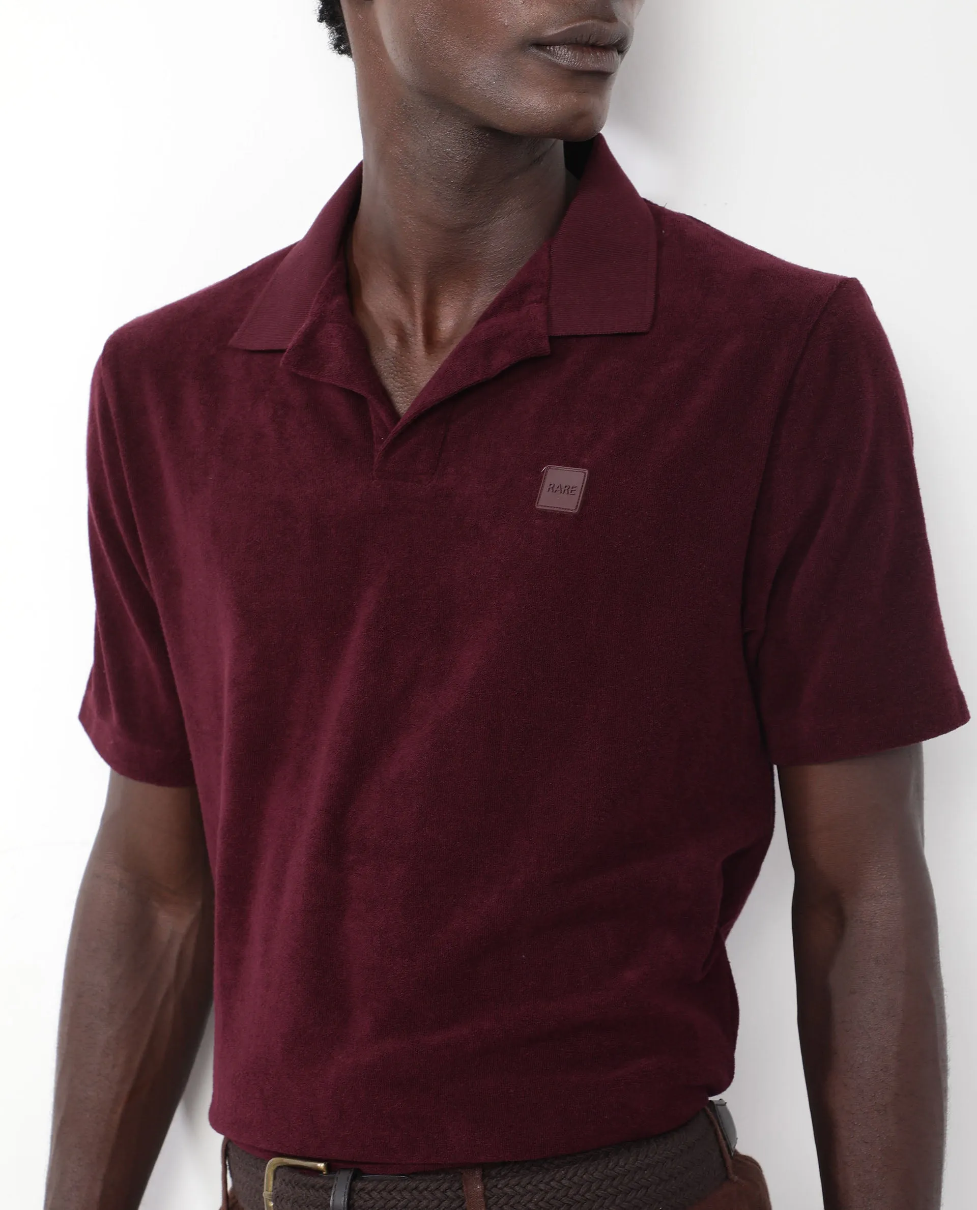 Rare Rabbit Men's Merk Dark Maroon Cotton Polyester Fabric Short Sleeve Johnny Collar Regular Fit Towel Terry Textured Polo T-Shirt