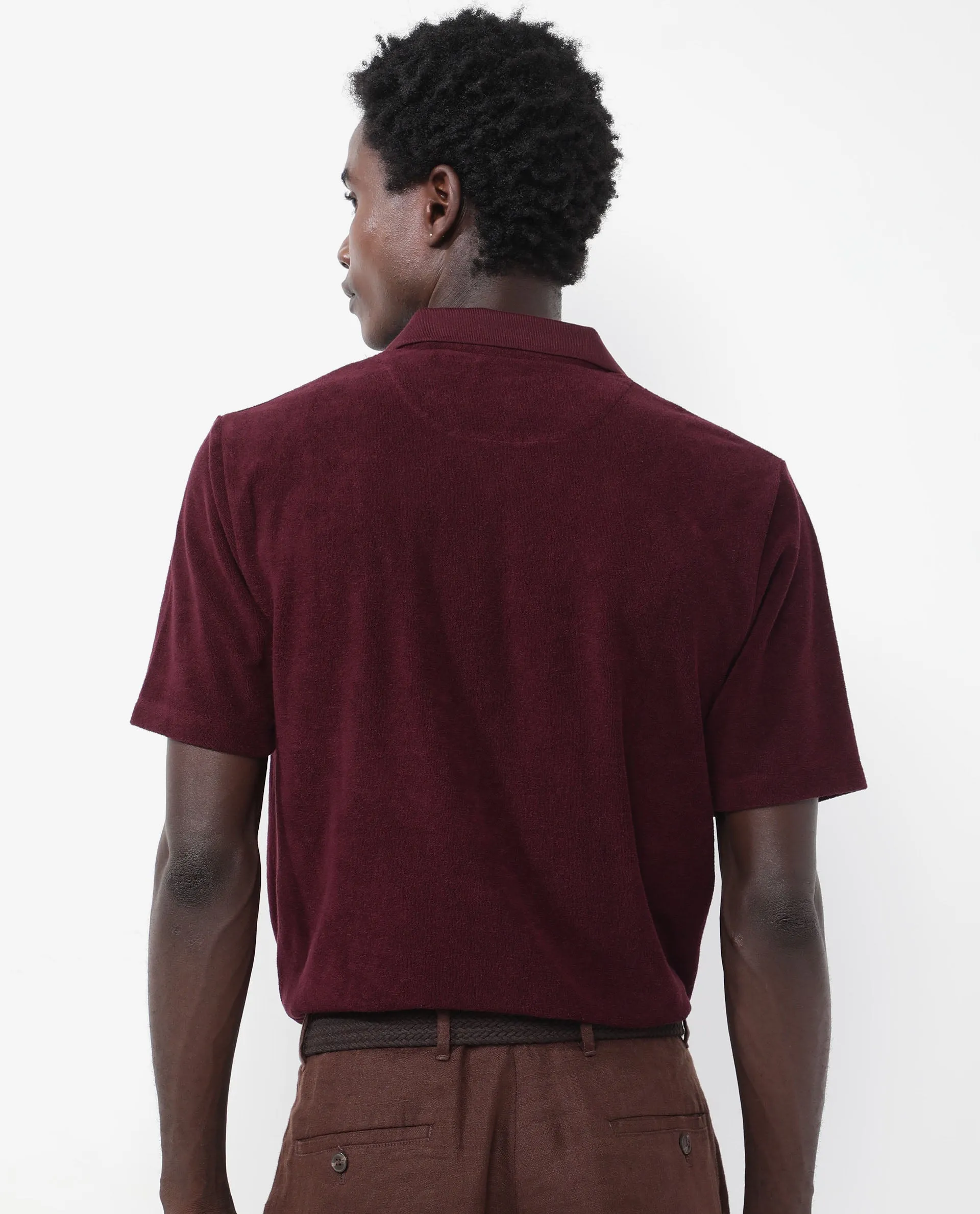 Rare Rabbit Men's Merk Dark Maroon Cotton Polyester Fabric Short Sleeve Johnny Collar Regular Fit Towel Terry Textured Polo T-Shirt