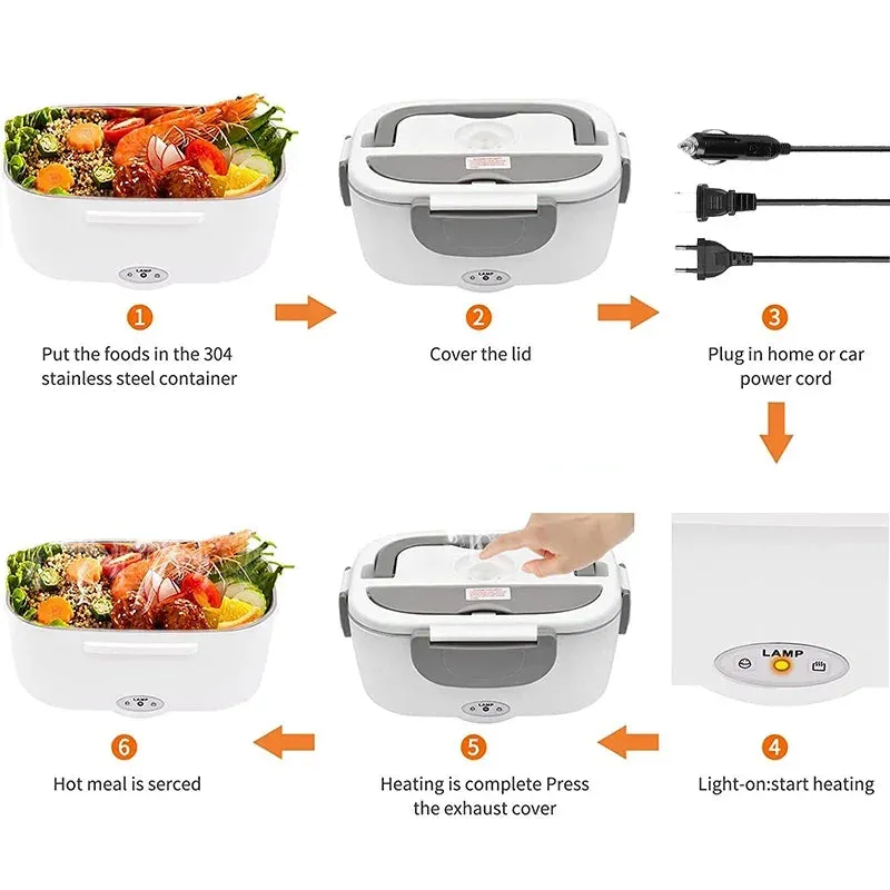 Stainless Steel Portable Electric Lunch Box 12V 24V Car Truck Food Warmer Heated Container 220V 110V Work Office EU US Plug Set