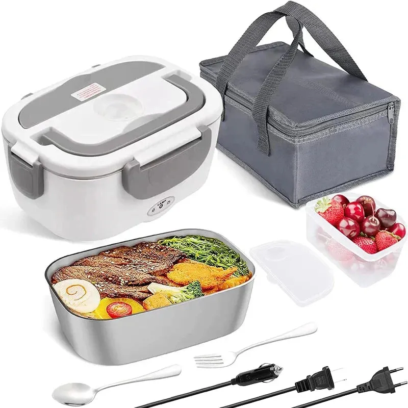 Stainless Steel Portable Electric Lunch Box 12V 24V Car Truck Food Warmer Heated Container 220V 110V Work Office EU US Plug Set