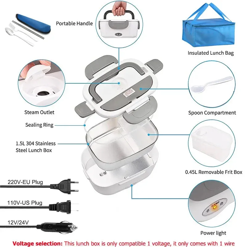 Stainless Steel Portable Electric Lunch Box 12V 24V Car Truck Food Warmer Heated Container 220V 110V Work Office EU US Plug Set