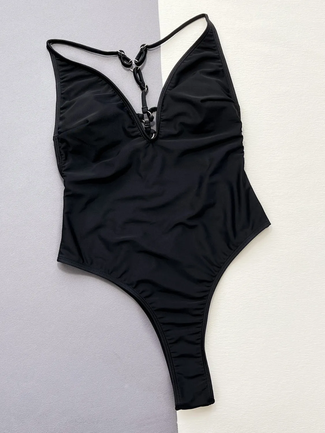 TEEK - Black Plunge Spaghetti Strap One-Piece Swimwear