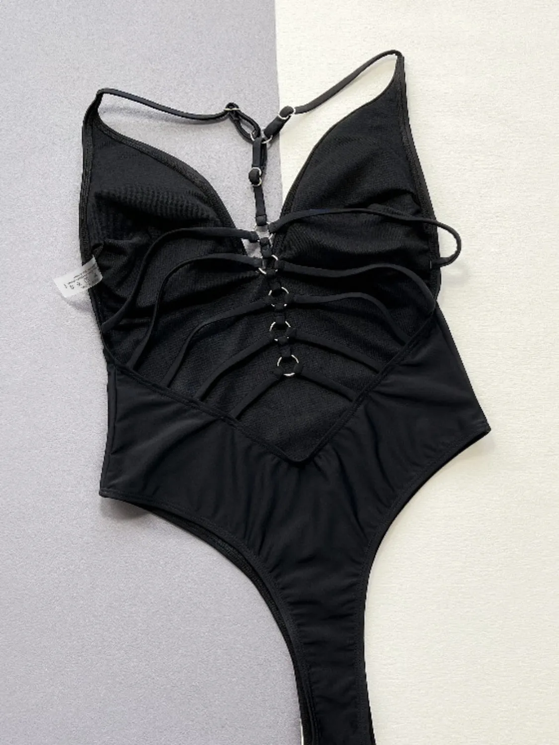 TEEK - Black Plunge Spaghetti Strap One-Piece Swimwear