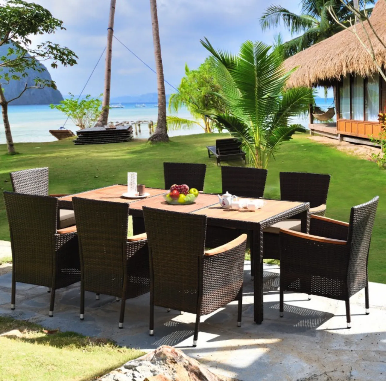 Very Relaxing Comfortable 9 Piece Heavy Duty Rattan Outdoor Patio Furniture Set Acacia Wood Table | Stackable Cushion Chairs