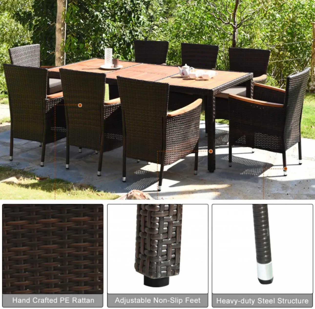 Very Relaxing Comfortable 9 Piece Heavy Duty Rattan Outdoor Patio Furniture Set Acacia Wood Table | Stackable Cushion Chairs