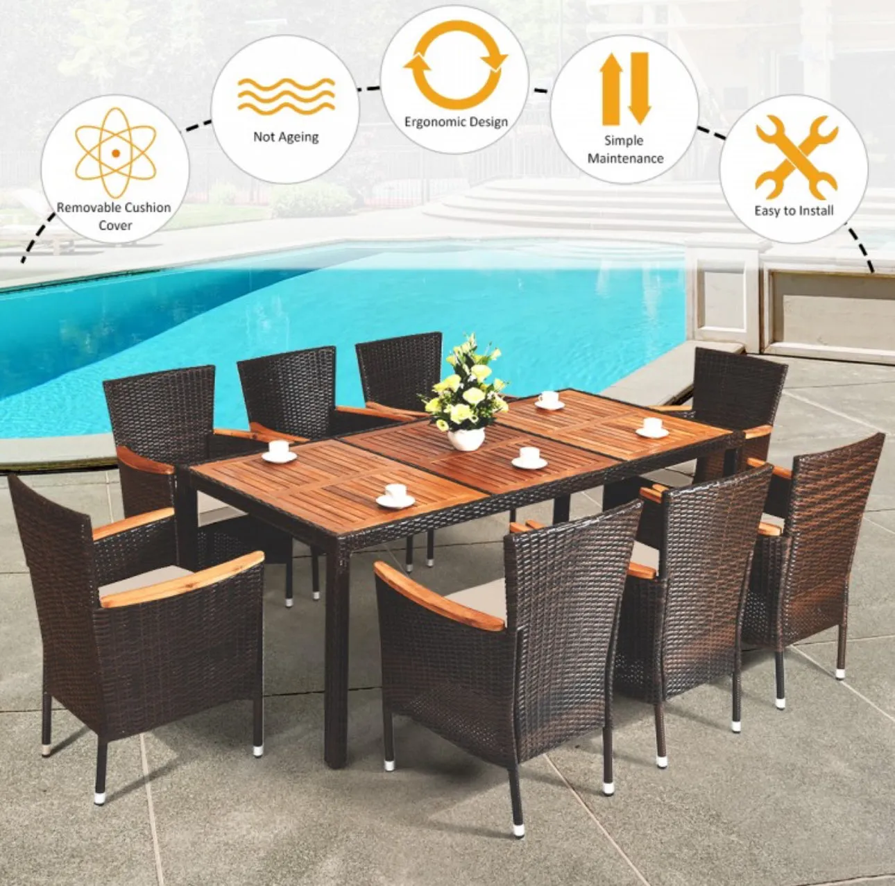 Very Relaxing Comfortable 9 Piece Heavy Duty Rattan Outdoor Patio Furniture Set Acacia Wood Table | Stackable Cushion Chairs